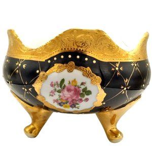 Limoge Design Cobalt Blue Hand Painted Porcelain Decorative Footed Bowl